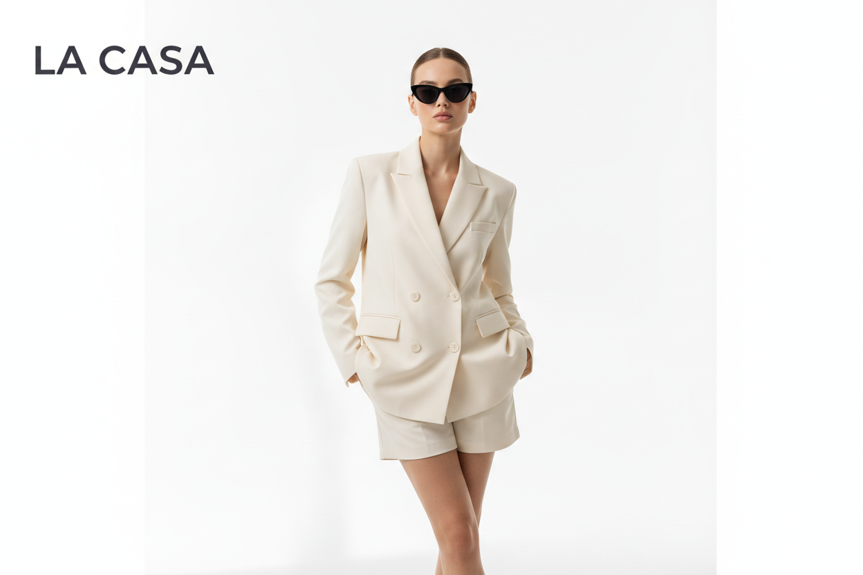 Make the brand name la casa and make a lady with white background and a lady wearing a blazer and sunglasses as a model